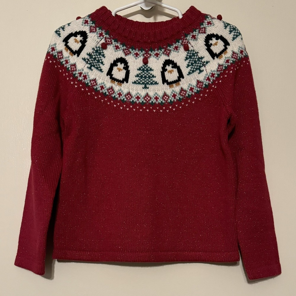Jingles & Joy Girls 4T Sparkly Christmas Tree Penguin Fair Isle Sweater Red